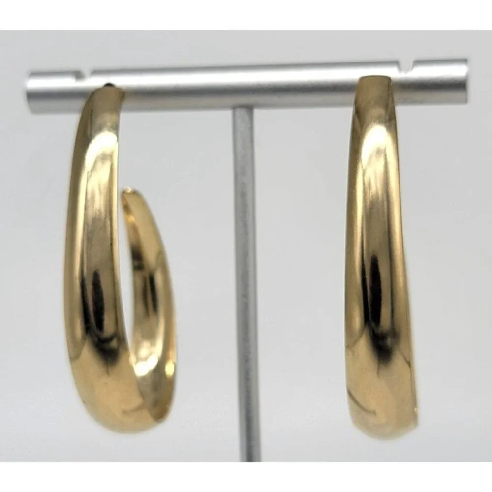 Gold Tone Oval Hoop Earrings Large Polished Unmarked Statement Jewelry Vintage S